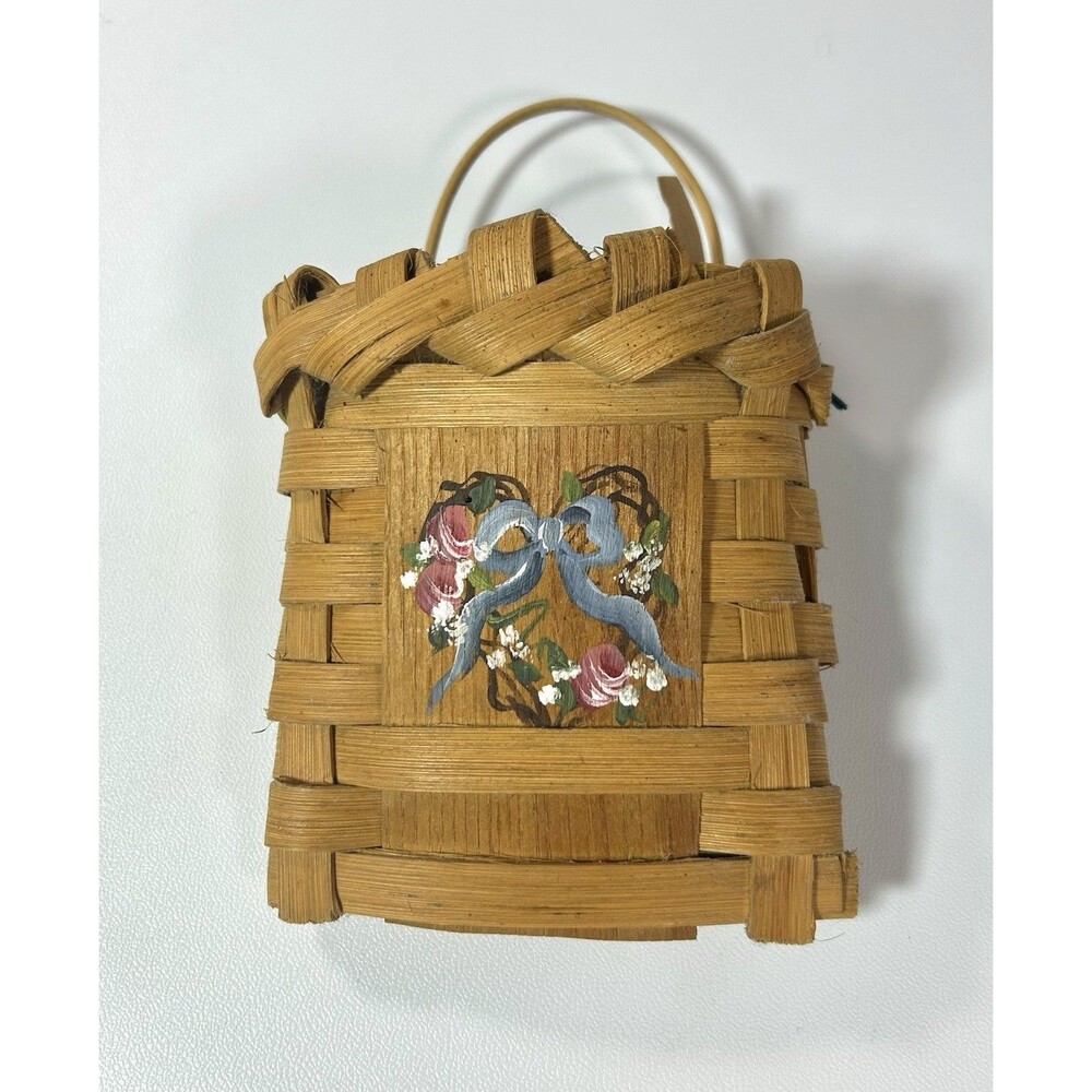 Split Oak Hanging Wall Pocket Basket Hand painted Flowers Cottagecore MCM